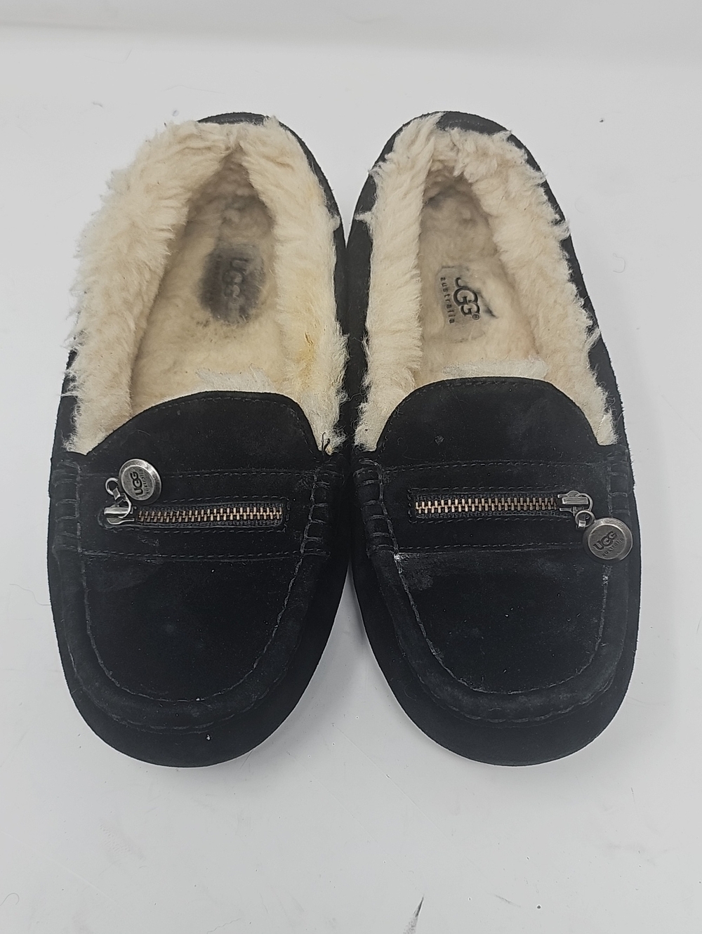 UGG Black Suede Shearling-Lined Moccasins with Zipper Accent